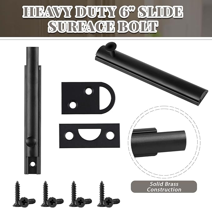 Lothee 4 Pcs Solid Brass Surface Bolt Door Slide Bolt Door Latches for Top of Slide Latch Lock(6",Matte Black)