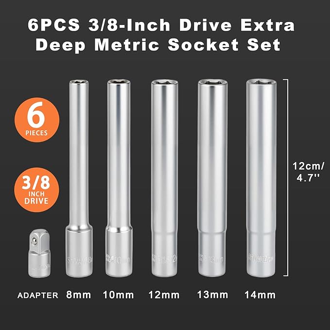 AEROFORCE 6-Piece 3/8-Inch Drive Extra Deep (120mm) Metric Socket Set - Includes 8,10,12,13,14mm Sockets & 1/4-Inch Adapter - Chrome Vanadium Steel for Automotive Tools