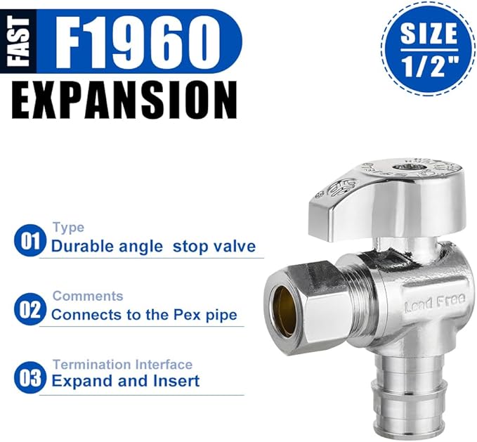 Pro 15-Pack EFIELD Stop Angle Valve Pex-A 1/4 Turn, 3/8" OD Compression X 1/2" Pex-A Expansion, Chrome Plated LF Brass, Heavy Duty,(VALVE379)