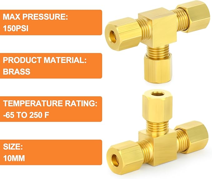 GASHER 2PCS Brass Compression Tube Pipe Fitting Connector, Tee，10mm x 10mm x 10mm Tube OD Connector