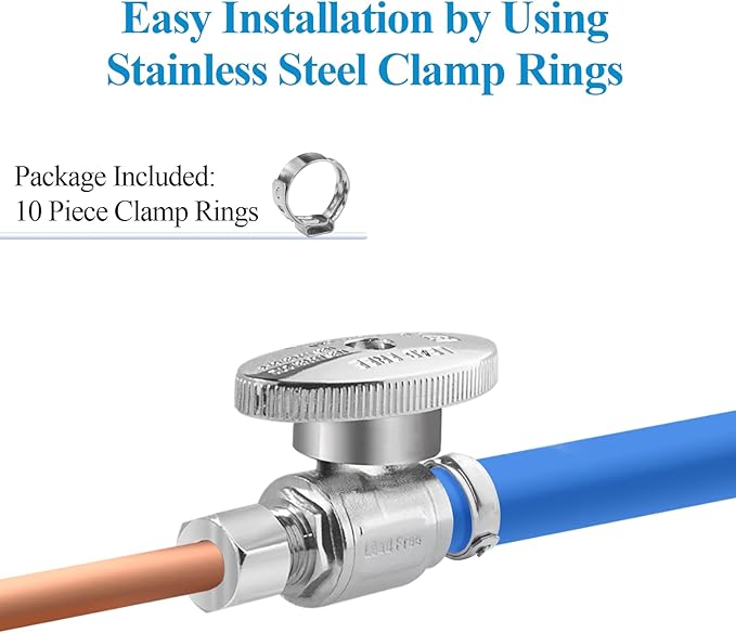 WiseWater Shut Off Valve 1/2" PEX x 3/8" Compression, 1/4 Turn with 10 Stainless Steel Clamps, Chrome Plated Brass PEX Straight Shut Off for Sink & Toilet (10-Pack)