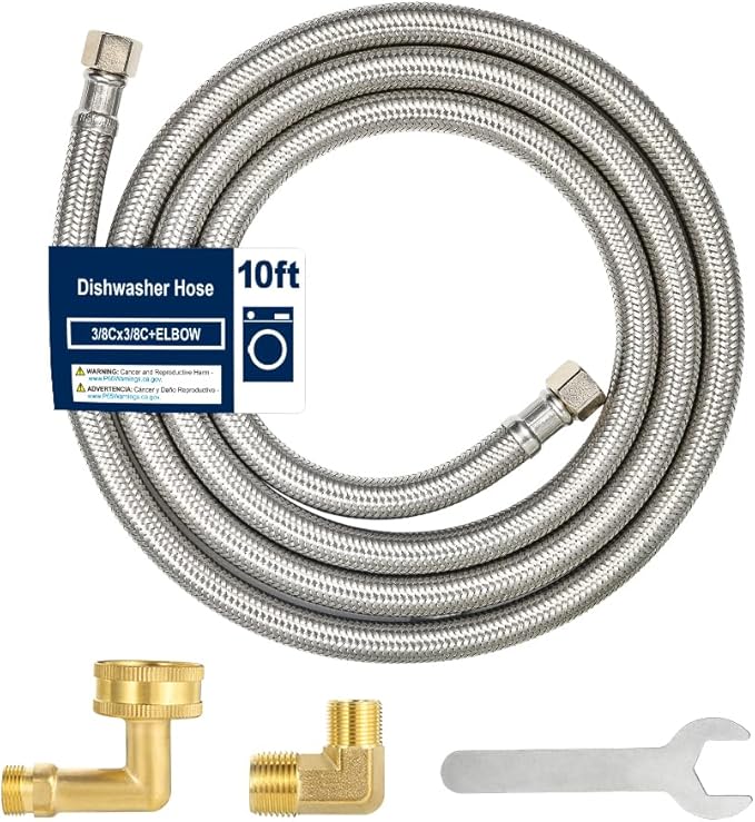 10FT Dishwasher Hose with Elbow – Stainless Steel Braided Supply Line, 3/8" Compression to 3/8" Elbow, Universal Fit, Burst Proof, NSF/Lead-Free Certified, 10-Year Warranty