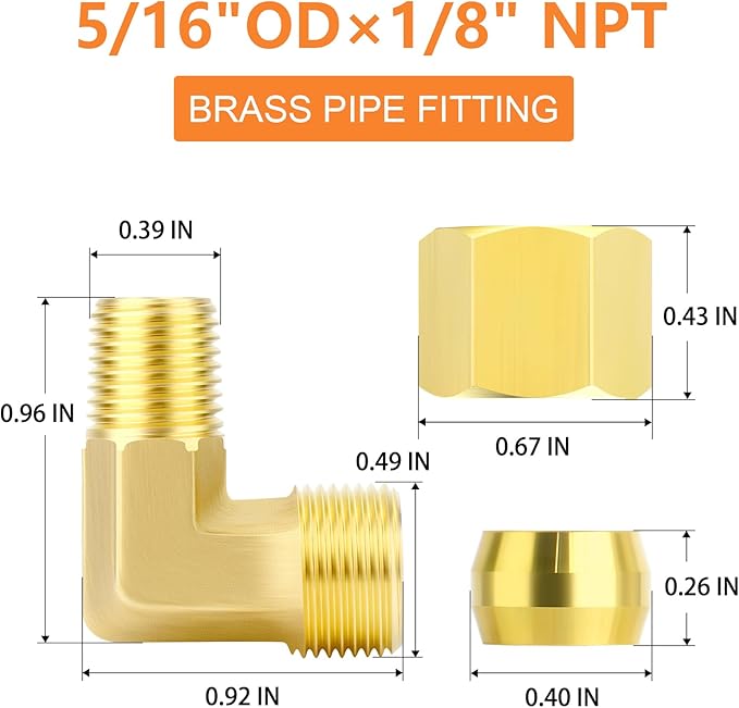 GASHER 10PCS Brass 90 Degree Elbow Compression Tube Pipe Fitting Connector, 5/16" Tube OD x 1/8" NPT Male Connector
