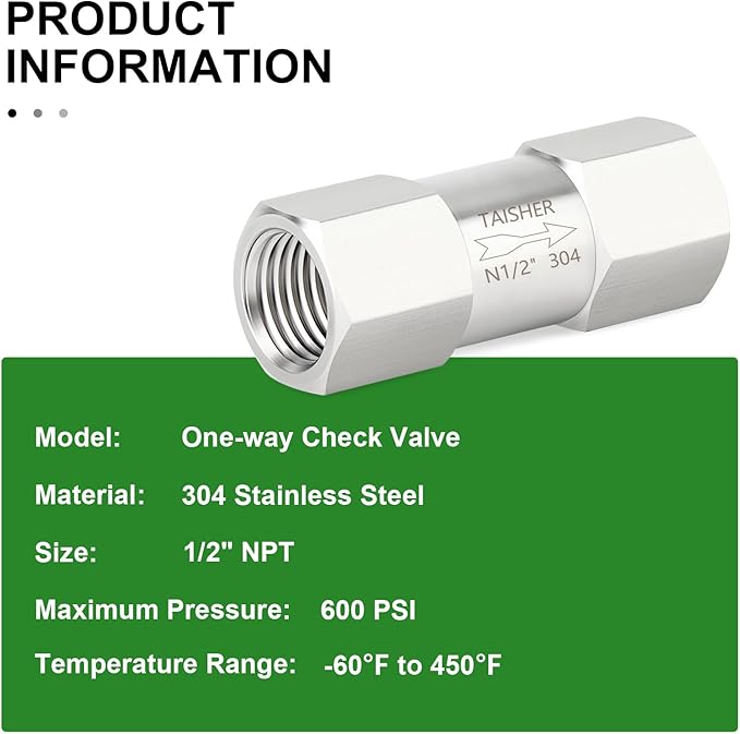 TAISHER 1PCS 304 Stainless Steel 1/2" NPT Female Check Valve,Backflow Prevention,One Way Non-Return Check Valves
