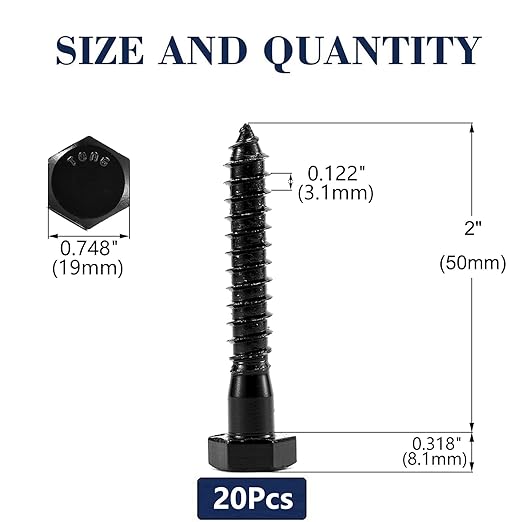 1/2" x 2" Hex Head Lag Screws Bolts 20Pcs 304 Stainless Steel 18-8, Partial Thread, Hexagon Head Wood Screws by Black Oxide by SG TZH