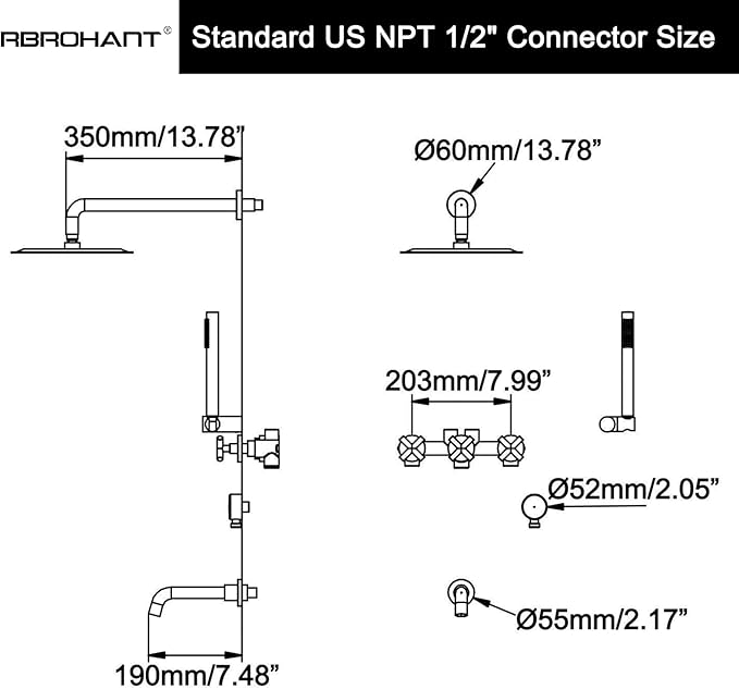 RBROHANT Matte Black Shower System with Tub Spout, Brass Bathtub Shower Faucet Set with 3 Way Rough-in Valve,10 Inch Round Shower Head Set with Tub Spout and Handheld, JK0300