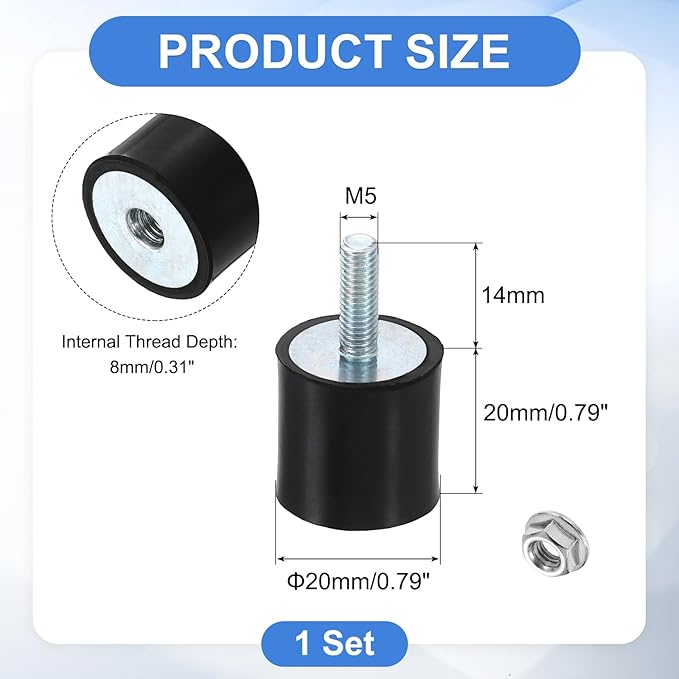uxcell M5 Rubber Mounts, 1Pcs 20x20mm(DxH) Rubber Cylindrical Anti Vibration Isolator Shock Absorber with Lock Nut for Car Bobbin Generator Air Compressors