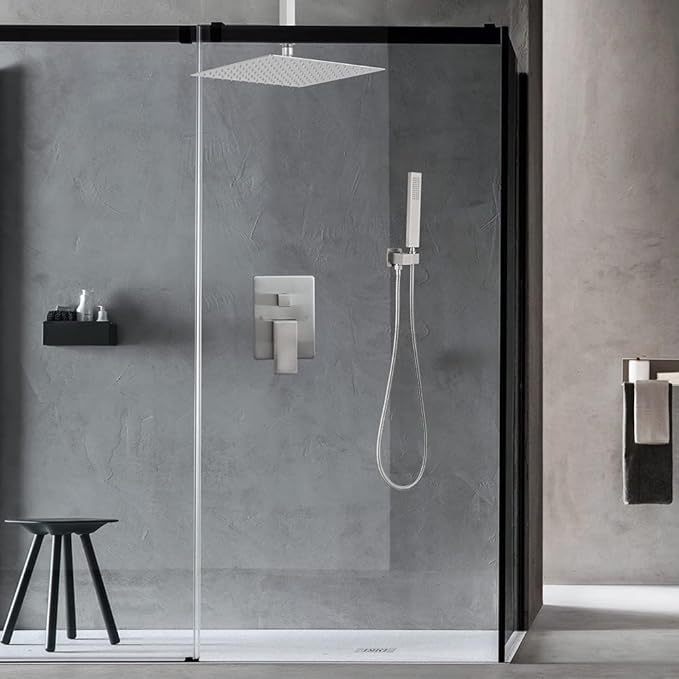 16 Inch Ceiling Mount Brushed Nickel Shower System Bathroom Luxury Rain Mixer Shower Combo Set Ceiling Rainfall Shower Head System (Contain Shower Faucet Rough-in Valve Body and Trim Kit)