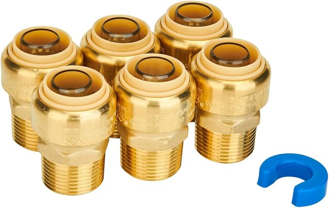 SUNGATOR 6-Pack Male Adapter, 3/4 Inch by 3/4 Inch Straight Connector Plumbing Fitting, Push Fit PEX Fittings with Disconnect Clip, Push-to-Connect Copper, CPVC, No Lead Brass Pipe Fittings