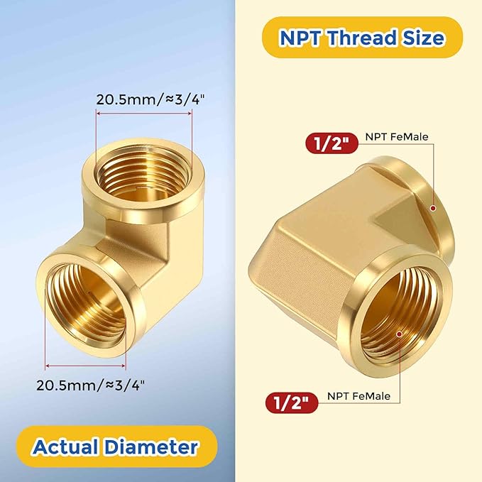 2 Pack Brass Pipe Fittings, 90 Degree 1/2" NPT FeMale to 1/2" NPT FeMale Barstock Street Elbow, Forged Pipe Fitting Connector for Air, Oil, LP