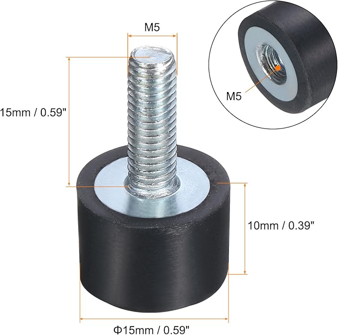 uxcell 6pcs M5x15mm Rubber Isolator Mounts with Studs 15x10mm Male Female Vibration Shock Absorber Zinc Plated Cylindrical Thread Mounts Anti Vibration Isolators with 6pcs M5 Lock Nuts