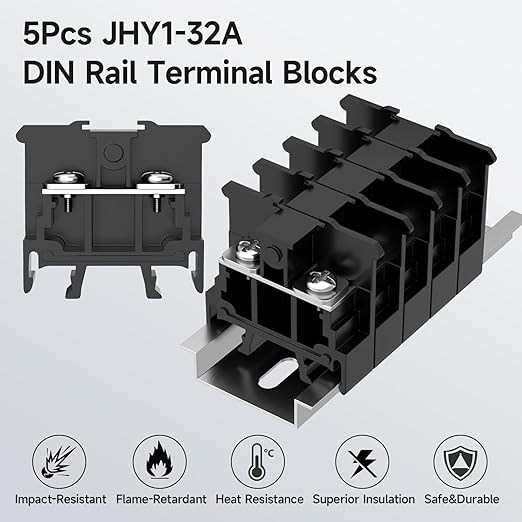 5Pcs JHY1 DIN Rail Terminal Blocks, 660V 32A, 6mm², Detachable & Assemblable Terminal Strip Blocks, 10Pcs 16-14 AWG Insulated Fork Spade Wire Connectors & 3.15 Inch DIN Rail Included