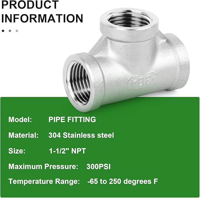 TAISHER 2PCS 304 Stainless Steel Tee Pipe Fittings, 1-1/2" x 1-1/2" x 1-1/2" NPT Female Pipe Fittings