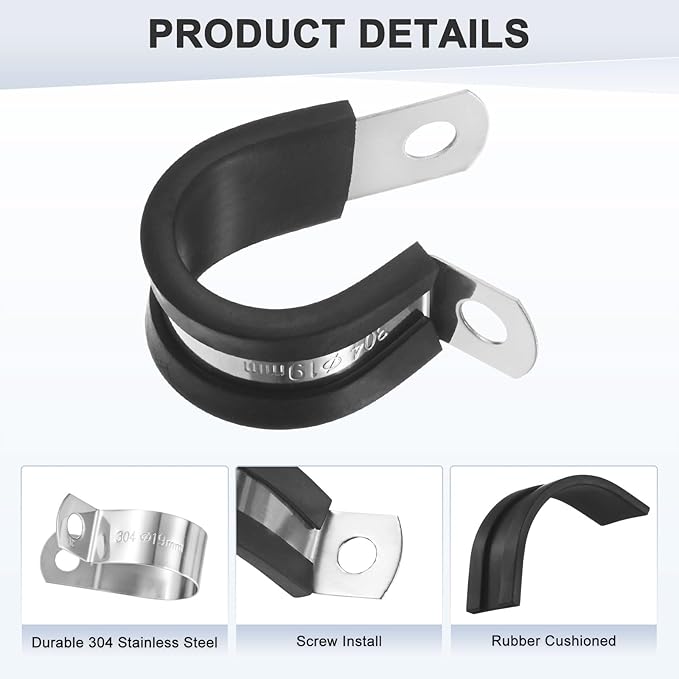 12-Pack Cable Clamps, 3/4 Inch/ 19 mm 304 Stainless Steel Rubber Cushioned Insulated Cable Clamp R Shape Metal Holder for Tube/Wire/Pipe/Loop Installation