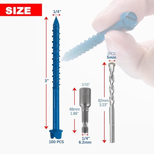 100Pcs 1/4"x3" Concrete Screws with Drill Bit, Hex Head Concrete Cement Screws Anchor Assortment Kit for Masonry, Block Brick or Stucco
