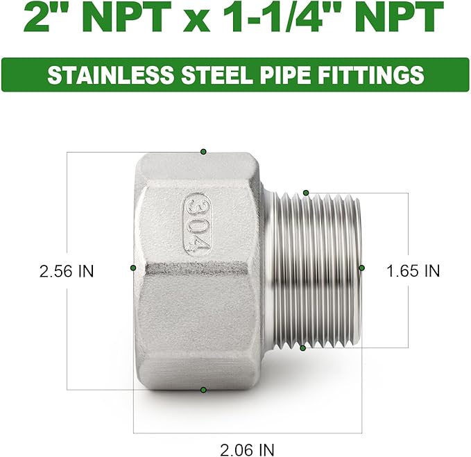 TAISHER 1PCS 304 Stainless Steel Pipe Fitting, Reducer Adapter, 1-1/4" NPT Male x 2" NPT Female