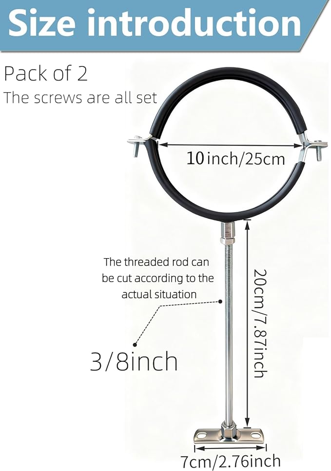 2 Sets Premium 10 Inch Adjustable Pipe Metal Bracket，Heavy Duty Galvanized Iron Stove Pipe Hanger Strap，Wall Support Chimney Round Split Ring Dryer Vent Hose Duct PVC Holder，with All Mounting Screws