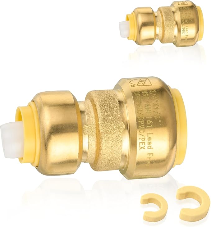 40-Pack HeSun Pushfit Coupling, 3/4"x1/2" Push to Connect Plumbing Fittings with Disconnect Clip, Brass Push-fit Fittings for PEX, Copper, CPVC, PE-RT Pipes(PF017-40)
