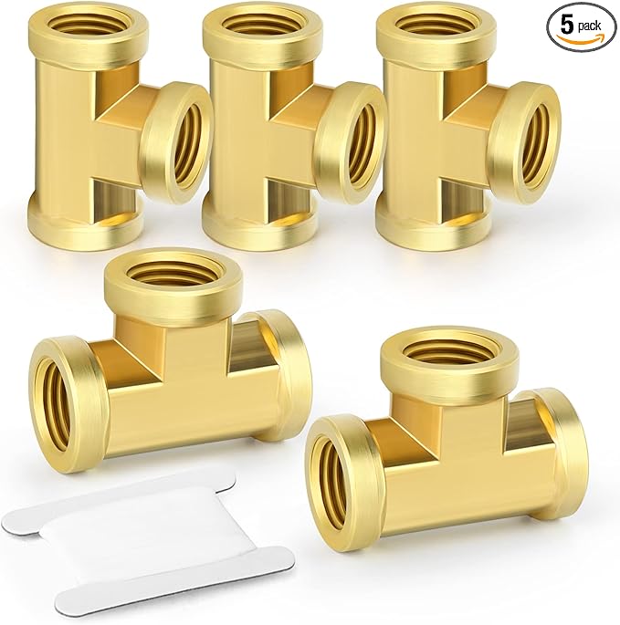 GASHER 5 Pcs Brass Tee Fitting, 3/8" x 3/8" x 3/8" NPT Female Pipe Fittings