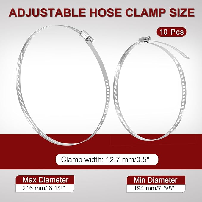 MECCANIXITY 8 Inch Stainless Steel Hose Clamp, Worm Gear Clamp Adjustable 7 5/8"-8 1/2"(194-216mm) Fuel Line Hose Clamps Duct Clamp for Pipe Plumbing Automotive Mechanical (Pack of 10)