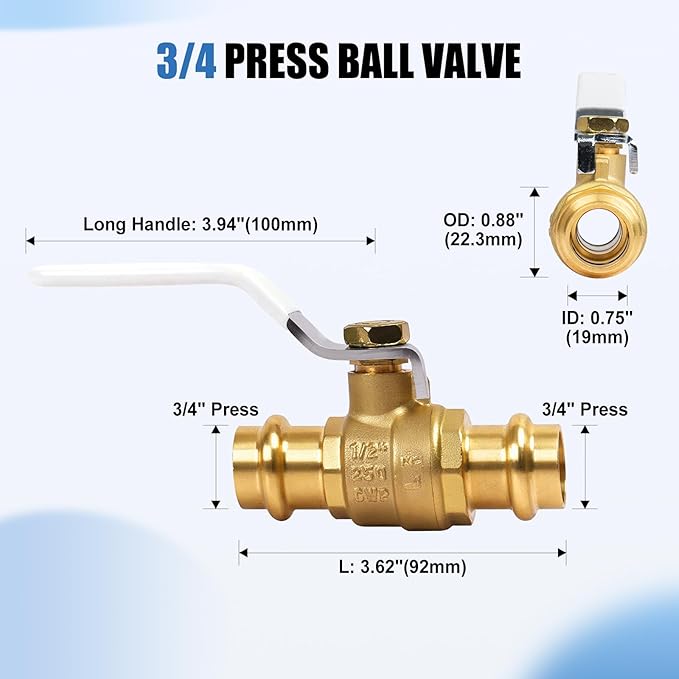 (Pack of 2) BH 3/4" Pro Press Ball Valve with EPDM O-ring, Fittings to Press into 3/4" Copper Tubing Connection, BH Brass 2pcs