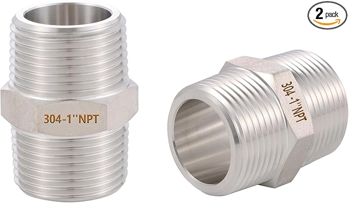 2PCS Hex Nipple 1" x 1" Male Pipe Fittings, 304 Stainless Steel 1 inch NPT Threaded Pipe Adapter Fittings, Male Straight Connector Pipe Fitting