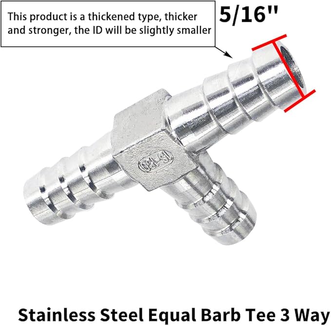 5/16" Tee Hose Barb Fitting Stainless Steel Equal Barb 3 Way T shaped Splitter Joint Connector Adapter Union Fitting for Fuel Gas Liquid Air(Thickened version)