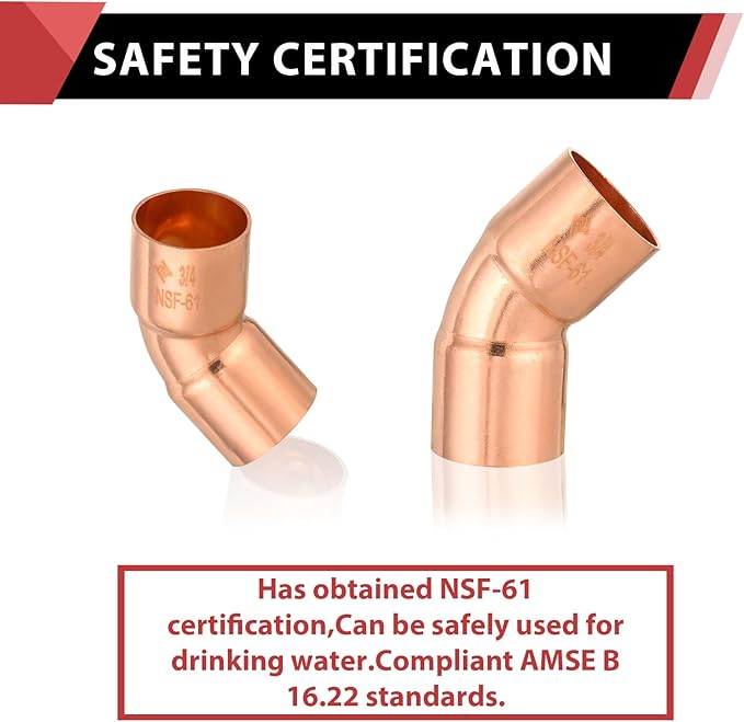 (Pack of 10) EFIELD 3/4" C X C Copper 45 Degree Elbow, LF Short Turn Copper Plumbing Fittings with Sweat Solder Connection (3/4"x3/4"),(COPPER060)