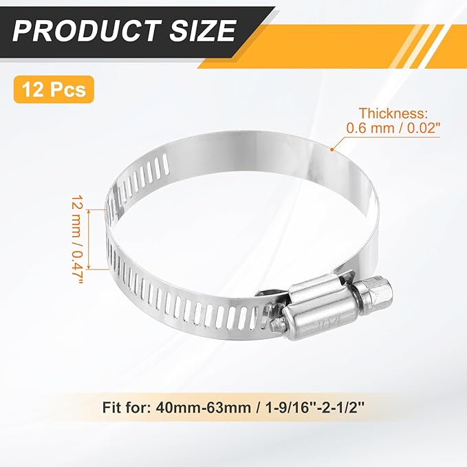 HARFINGTON 12 Pcs Hose Clamp 1-9/16"-2-1/2" (40-63mm) 304 Stainless Steel Adjustable Worm Gear Hose Clamp Assortment Kit for Fuel Line Pipe Plumbing Automotive Tube Mechanical