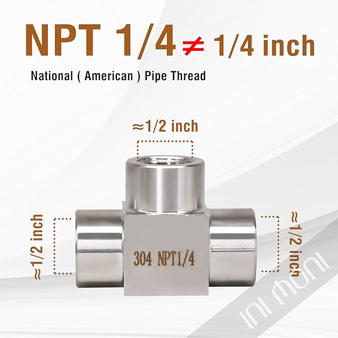 tee pipe fitting stainless steel NPT 1/4 female 3 ways T adapter, water pipe three way tee connector, heavy duty 4350 psi