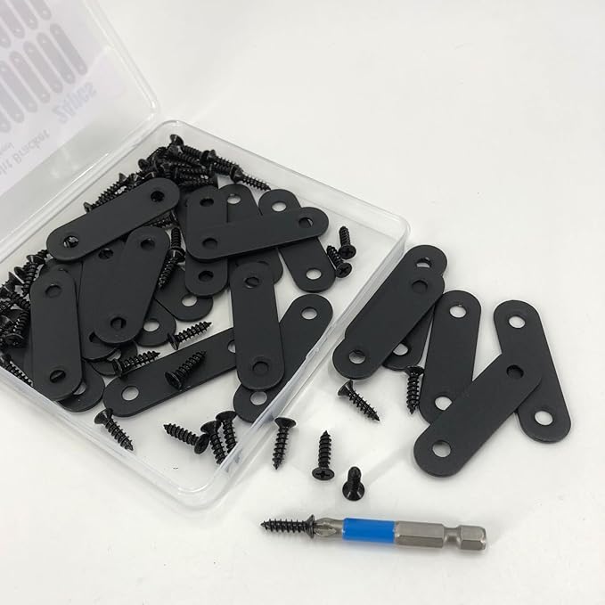 QSJ 24 Pcs Black Straight Bracket Mending Plate for Wood Stainless Steel Straight Brackets 56mm / 2.2" Wood Brace with Screws and Screwdriver