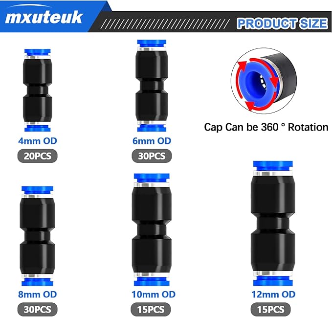 mxuteuk 110PCS Quick Connect Air Hose Fittings,4/6/8/10/12mm Straight Push to Connect Fittings,Air Line Fittings Push to Connect Fitting for Tube