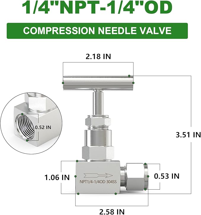 TAISHER 1PCS 304 Stainless Steel High Pressure Straight Needle Valve 1/4" NPT Female x 1/4" Tube OD For Flow Control Water Gas Oil