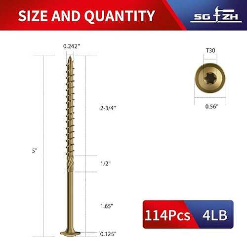 #14 x 5 Inch Lag Screws (114Pcs) 4lb. Structural Wood Screw, Bronze, Carbon Steel, Washer Head, Rust Resistant epoxy Coated, T30 Star Bit