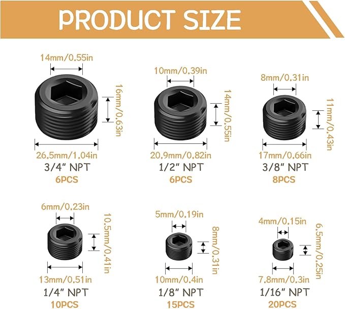 65PCS 6 Size 1/16" 1/8" 1/4" 3/8" 1/2" 3/4" NPT Pipe Fittings, Black Carbon Steel Pipe Plug Socket Set DD032-65