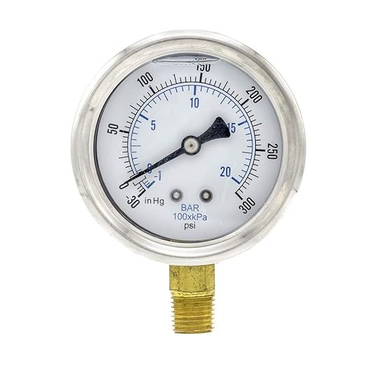 PIC Gauges PRO-201L-254CH 30-0-300 PSI Pressure Gauge, 2 1/2" Dial, 1/4" Male NPT Connection, Bottom Mount, Dual Scale, Glycerin Filled, Stainless Steel Case/Bezel, Brass Internals & Plastic Lens