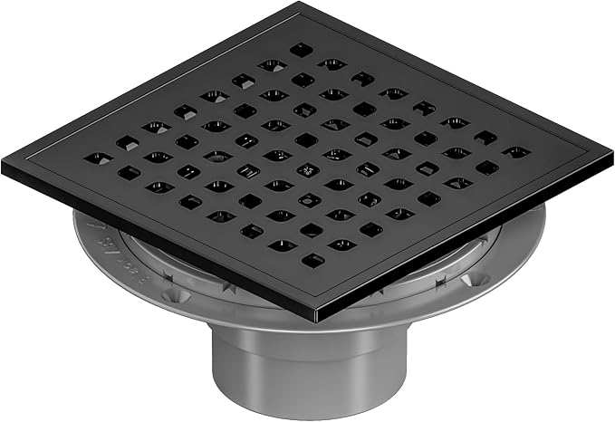 Neodrain Square Shower Drain,6 inch Black Stainless Steel 304 Grate and PVC Drain Body, Grate with Kit Includes Hair Trap/Strainer,Lifting Hook and PVC Drain Base