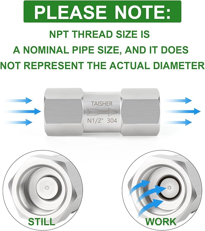 TAISHER 1PCS 304 Stainless Steel 1/2" NPT Female Check Valve,Backflow Prevention,One Way Non-Return Check Valves