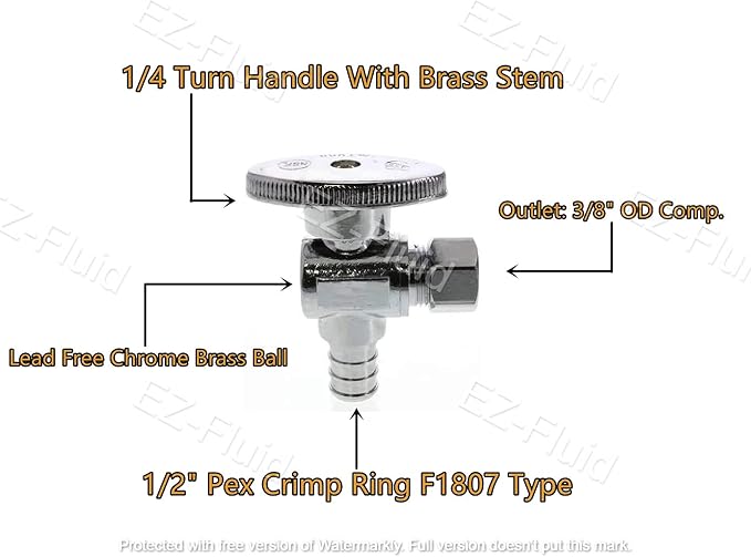 (10Pcs) EZ-Fluid Pex Valve 3/8"OD Comp x 1/2"Pex Fittings 1/4Turn LF Brass Angle Stop Valve Water Shut Off Ball Valve Barb Crimp Ring Fits F1807 Tubing Pipe,Used as Faucet,Toilet