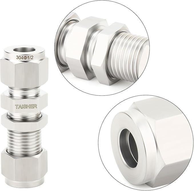 TAISHER 1PCS 304 Stainless Steel Thru-Bulk Bulkhead Compression Tube Pipe Fitting Connector, 1/2" Tube OD x 1/2" Tube OD Straight Adapter