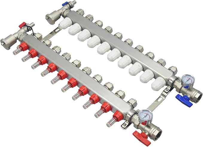 10 Branch PEX Radiant Floor Heating Manifold Set Floor Heating Water Distributor 1/2" Pipe Adapter 304 Stainless Steel and Brass, for Heating Systems
