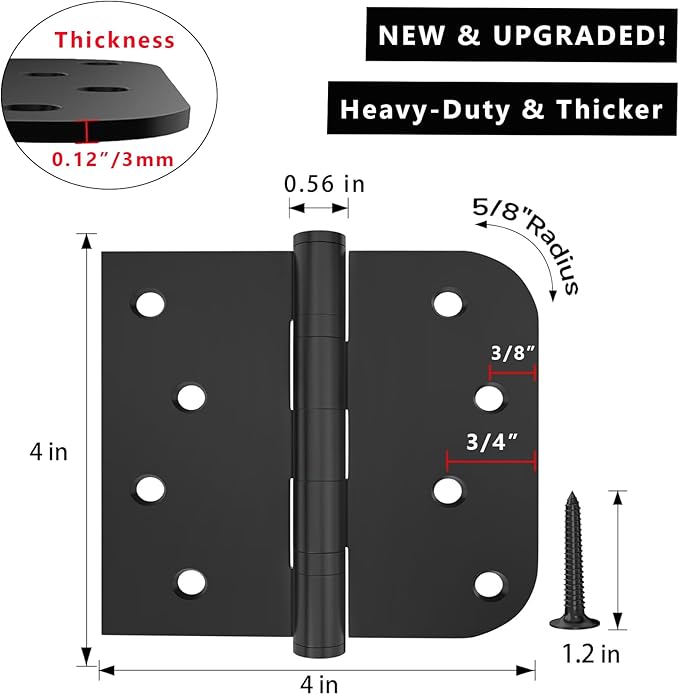 3 Pack 4in Black Door Hinges Stainless Steel Hinges Interior Door Hinges Black Matte with Square & Round Corners Perfect for Heavy-Duty Front & Back Door, Antirust & No Squeaks