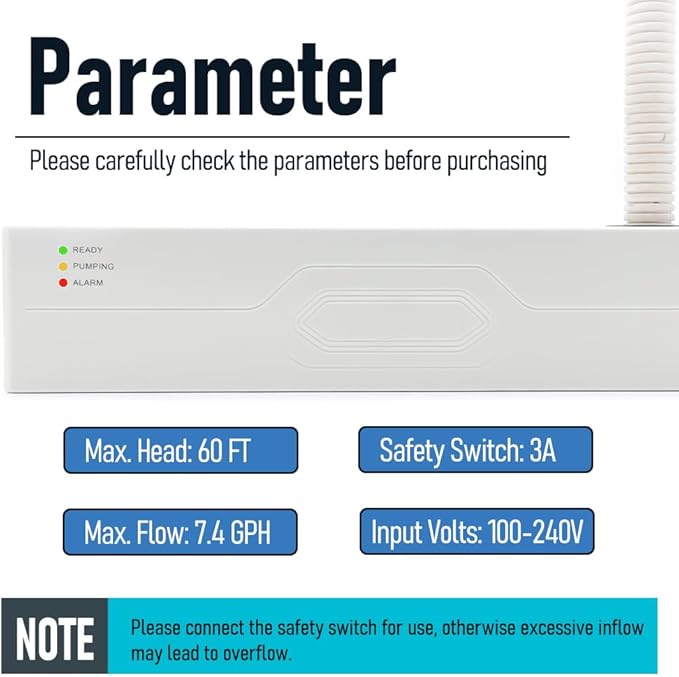 Automatic Undermount HVAC Mini Split Condensate Pump for HVAC Units, 110V 60FT Lift 7.4GPH Quiet <15dB Self Priming AC Condensation Removal Pump for Bedroom, Living Room, Anti-Siphon