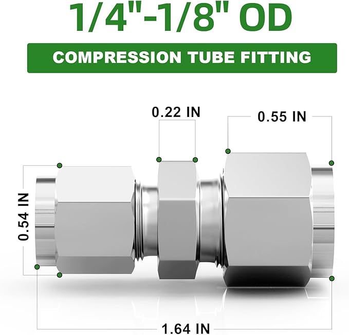 TAISHER 5PCS 304 Stainless Steel Compression Tube Pipe Fitting Connector, 1/4" Tube OD x 1/8" Tube OD Straight Adapter
