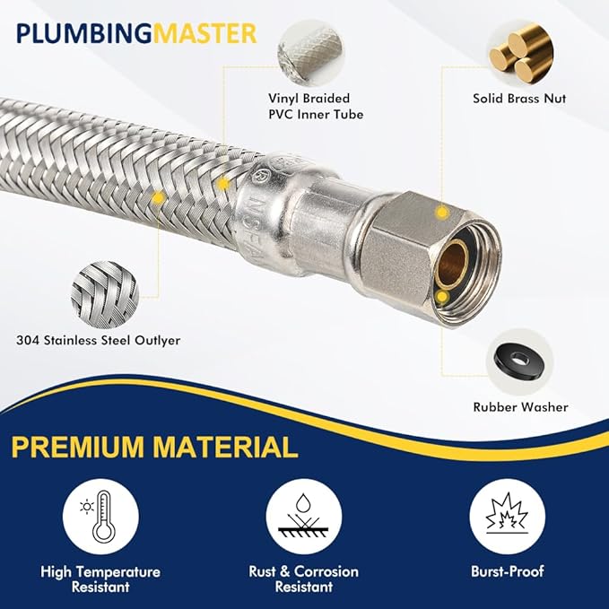 10FT Dishwasher Hose with Elbow – Stainless Steel Braided Supply Line, 3/8" Compression to 3/8" Elbow, Universal Fit, Burst Proof, NSF/Lead-Free Certified, 10-Year Warranty
