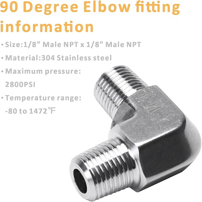 90 Degree Street Elbow - 1/8" NPT Male to 1/8" NPT Male Stainless Steel 304 Heavy Duty Forged Barstock Street Elbow Adapter Pipe Fitting (pack of 5)