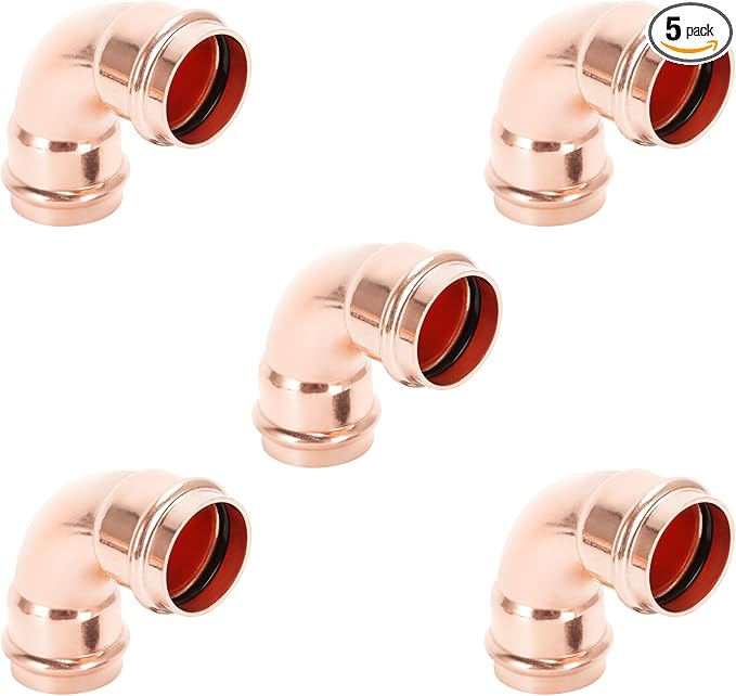 Copper Press Fittings 90 degree Elbow Copper Coupling Zero Lead PxP 1 inch x 1inch for Residential Commercial 5-Pack