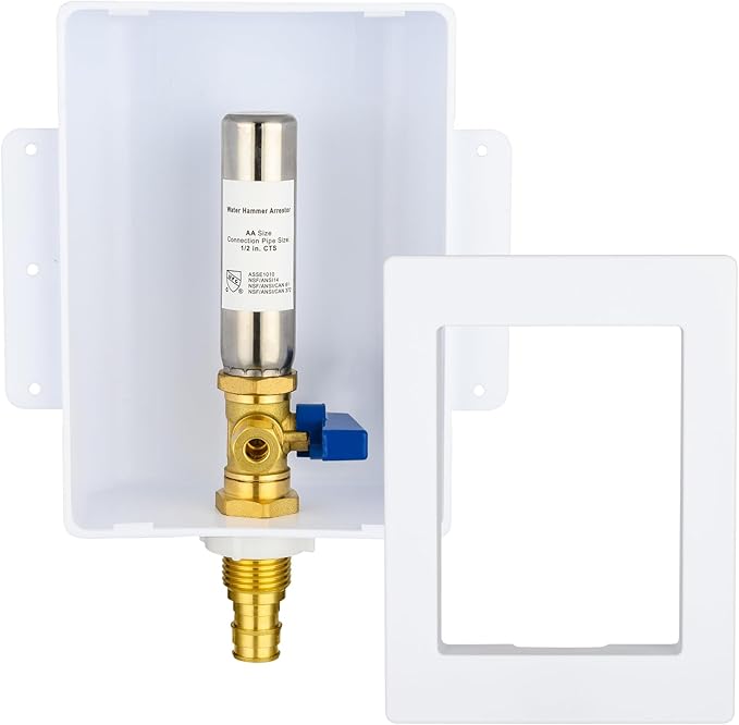 Ice Maker Outlet Box with Stainless Steel Water Hammer Arrestor,1/2 Inch PEX-A Expansion Inlet and 1/4 Inch OD Compression Outlet Connection, Icemaker Box with Installed 1/4-Turn Ball Valve