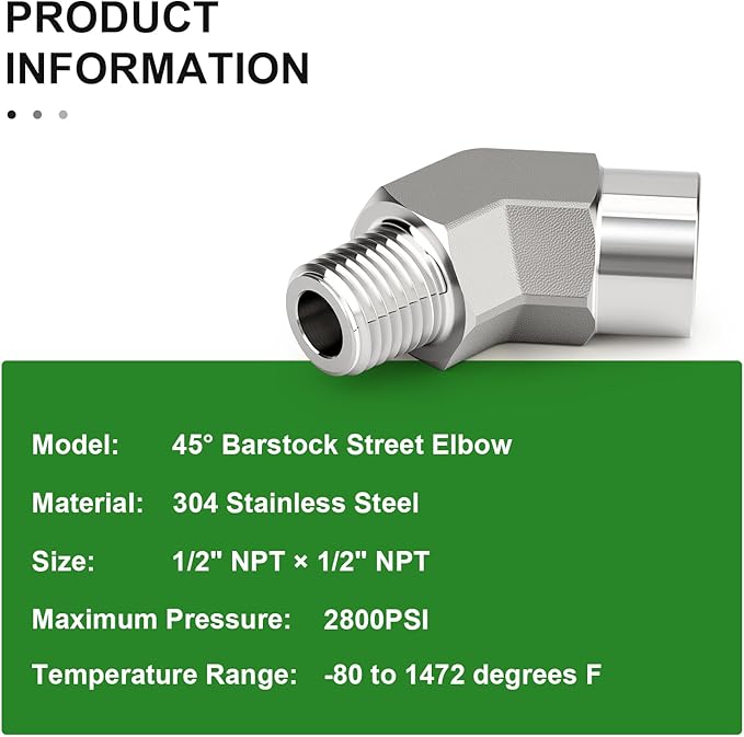 TAISHER 2PCS 304 Stainless Steel 45 Degree Barstock Street Elbow, 1/2" NPT Male x 1/2" NPT Female 304 Stainless Pipe Fitting