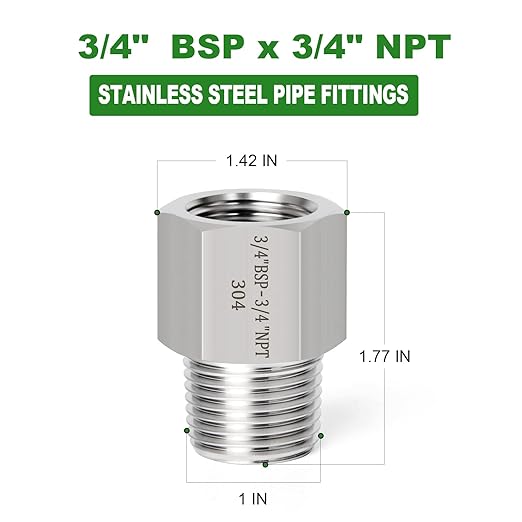 TAISHER 2PCS Forging of 304 Stainless Steel Fitting, Reducer Adapter, 3/4" NPT Male x 3/4" G Thread (BSP) Female